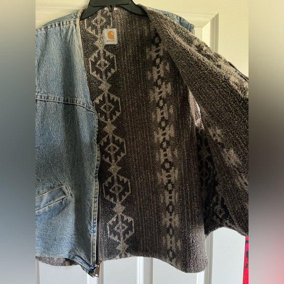 Vintage Carhartt Denim Vest Aztec Sherpa Lining L Rare - Picture 3 of 4